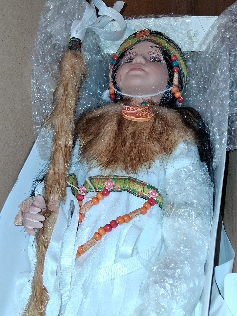 Native American Inspired Porcelain Doll with Beaded Accents - White & Brown
